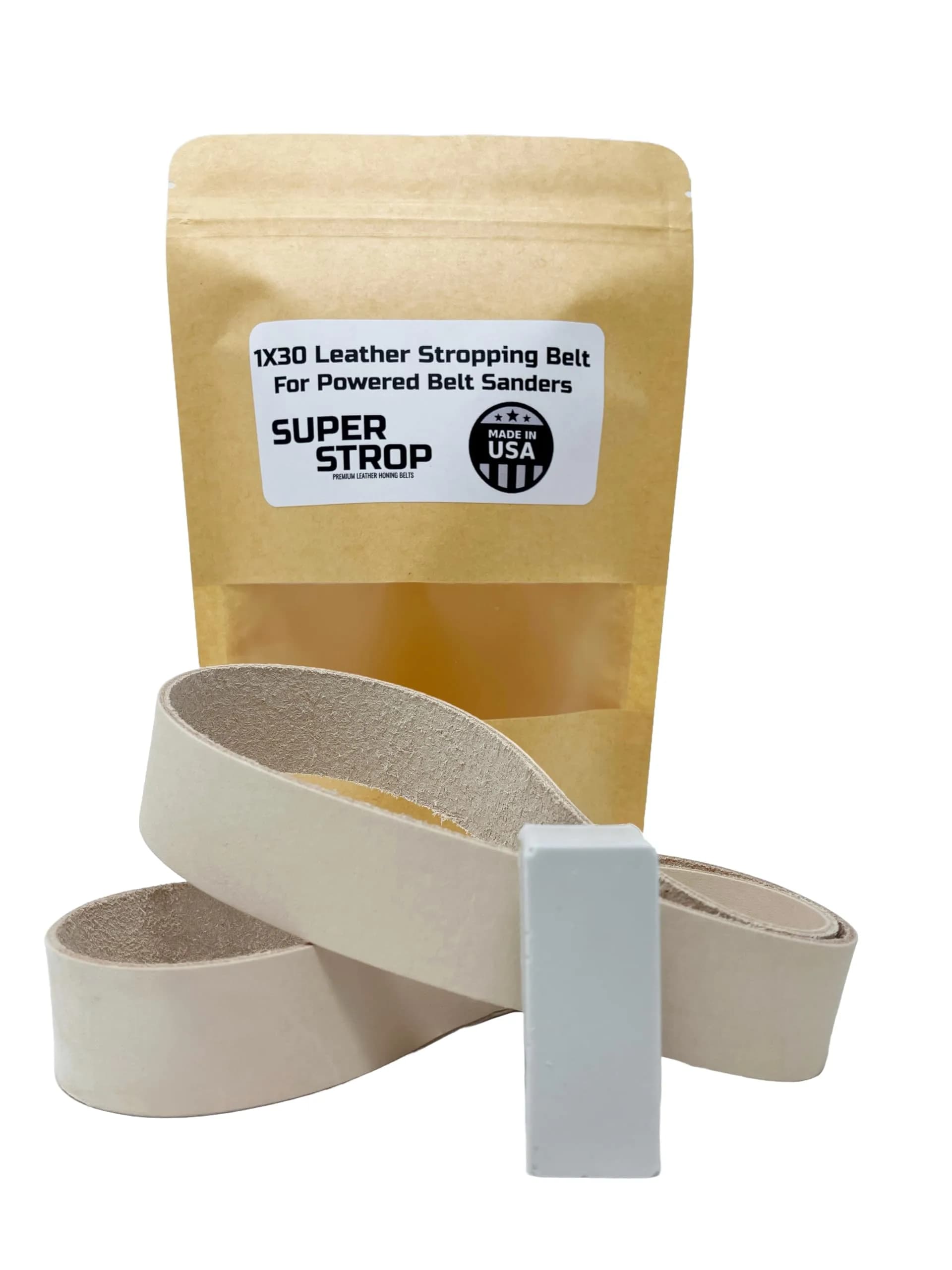 Super Strop 1x30 inch Leather Honing Strop Belt with White Buffing Compound | Fits 1x30 Belt Sanders - main product image