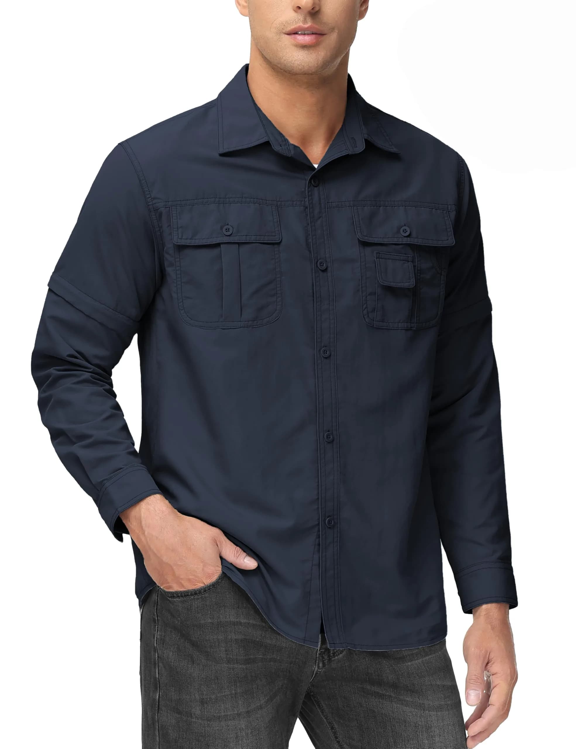 TACVASEN Men's Zip Off Hiking Shirts Long Sleeve Navy XL | Breathable Quick-Dry Nylon - main product image