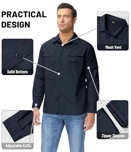 TACVASEN Men's Zip Off Hiking Shirts Long Sleeve Navy XL | Breathable Quick-Dry Nylon thumbnail 7