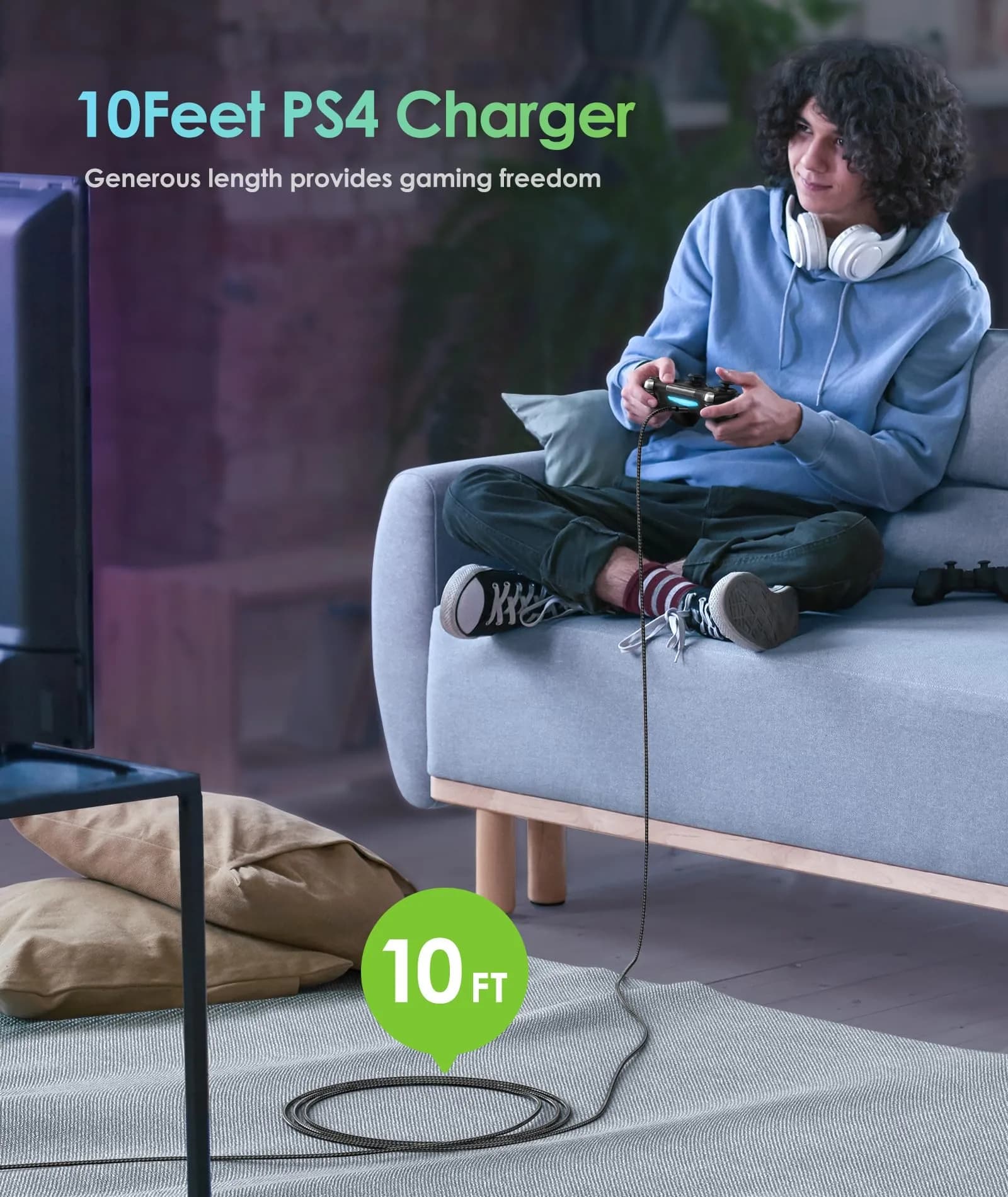 6amLifestyle PS4 Charger Cable for Controller, 2 Pack 10ft Micro USB Cord | Fast Charging & Data Sync - view 2
