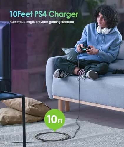 6amLifestyle PS4 Charger Cable for Controller, 2 Pack 10ft Micro USB Cord | Fast Charging & Data Sync thumbnail 2