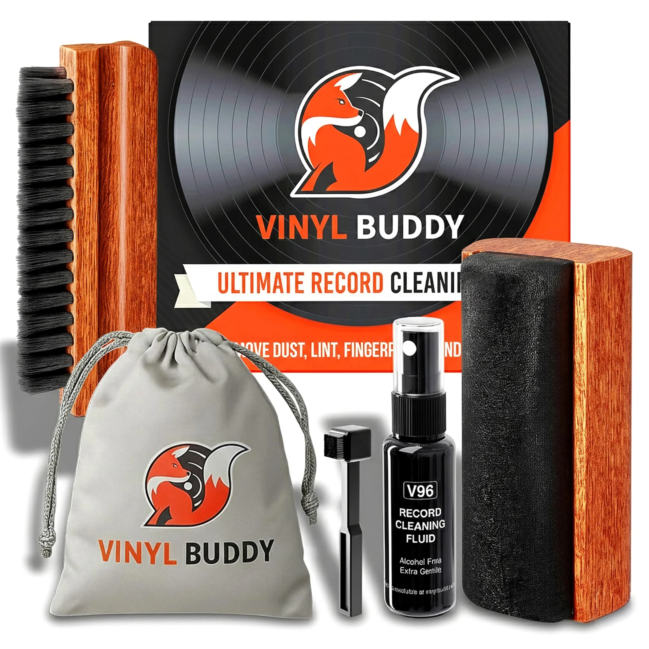 Vinyl Buddy 5-in-1 Vinyl Record Cleaning Kit | 100ml Alcohol-Free Solution & Hardwood Brushes | Clean, Protect & Restore LPs - main product image
