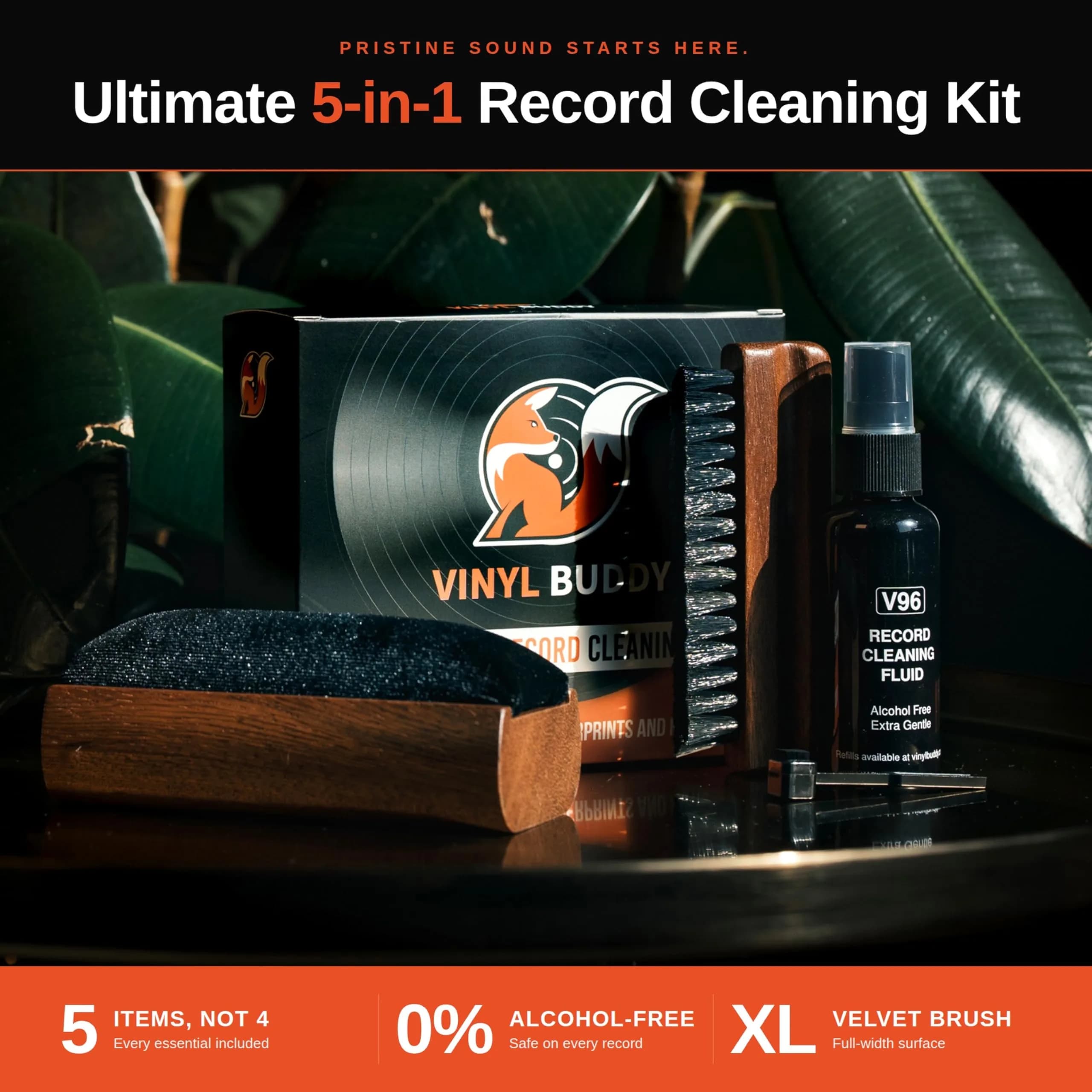 Vinyl Buddy 5-in-1 Vinyl Record Cleaning Kit | 100ml Alcohol-Free Solution & Hardwood Brushes | Clean, Protect & Restore LPs - view 2