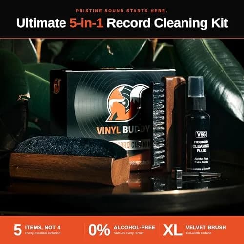 Vinyl Buddy 5-in-1 Vinyl Record Cleaning Kit | 100ml Alcohol-Free Solution & Hardwood Brushes | Clean, Protect & Restore LPs thumbnail 2