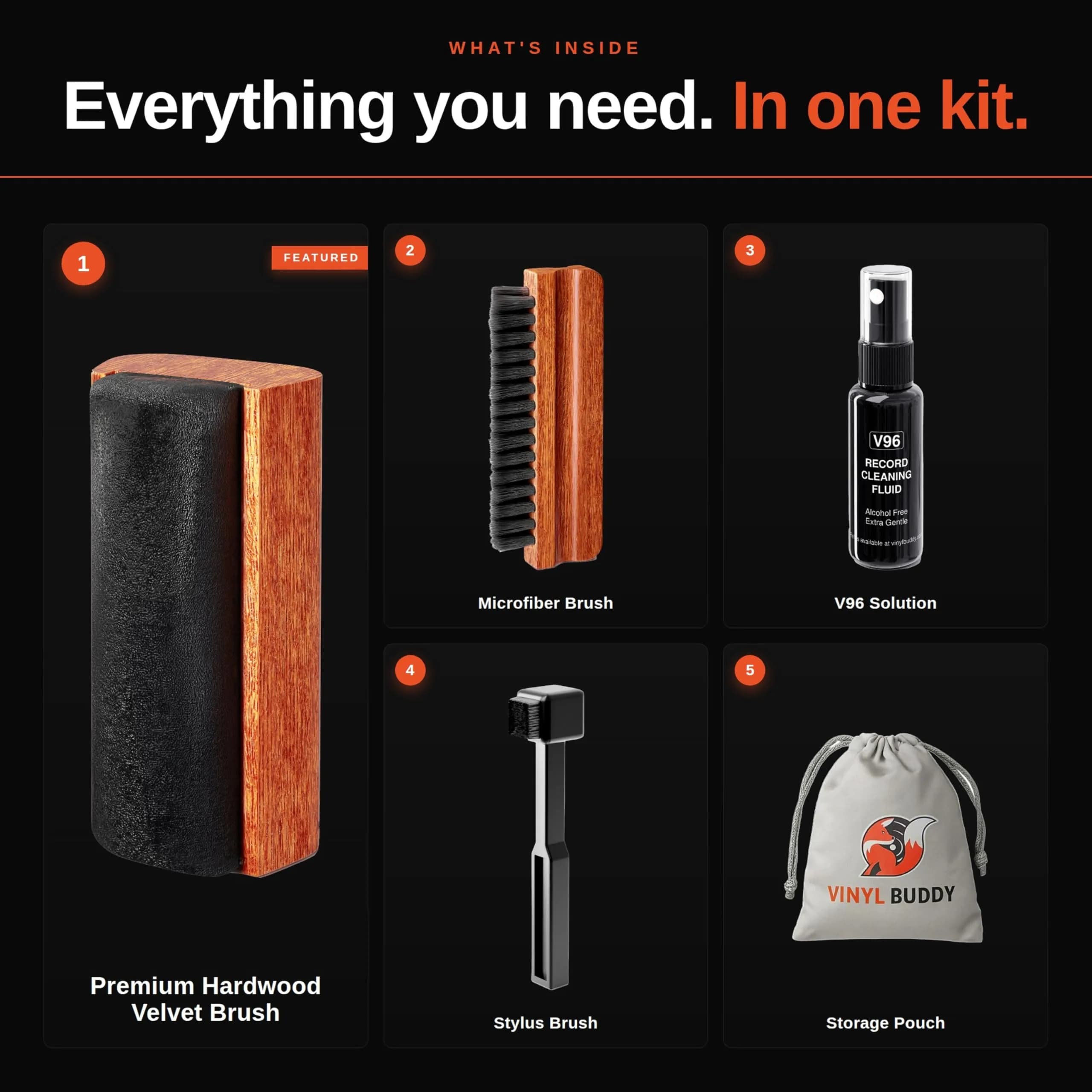Vinyl Buddy 5-in-1 Vinyl Record Cleaning Kit | 100ml Alcohol-Free Solution & Hardwood Brushes | Clean, Protect & Restore LPs - view 3