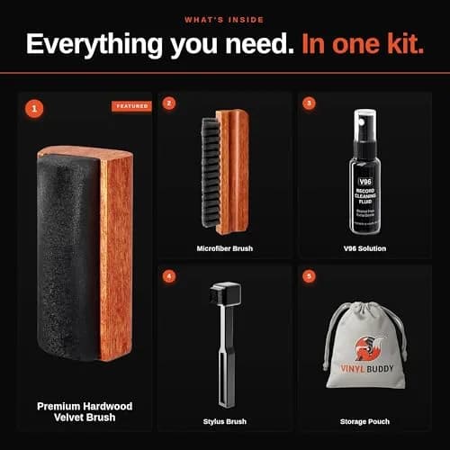 Vinyl Buddy 5-in-1 Vinyl Record Cleaning Kit | 100ml Alcohol-Free Solution & Hardwood Brushes | Clean, Protect & Restore LPs thumbnail 3