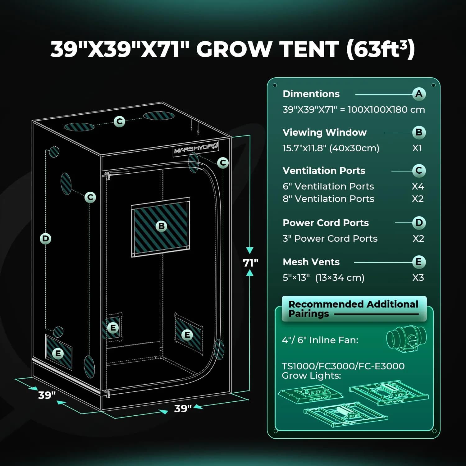 MARS HYDRO 39"x39"x71" Advanced Grow Tent | 10.56 sq ft Indoor Plant Growing Enclosure - view 9