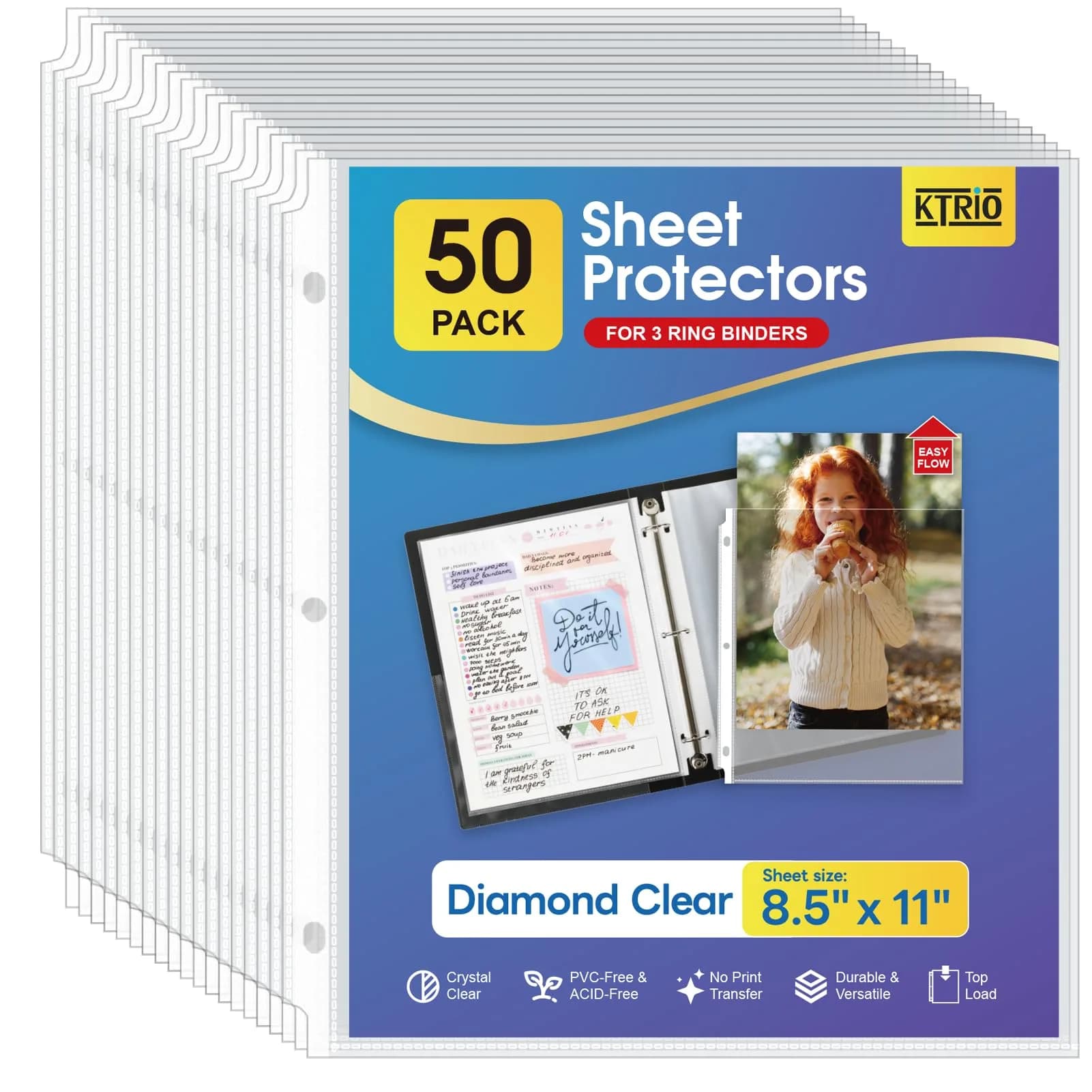KTRIO Sheet Protectors 8.5 x 11 in (21.59 x 27.94 cm), 50 Pack | Clear Polypropylene for 3 Ring Binders - main product image