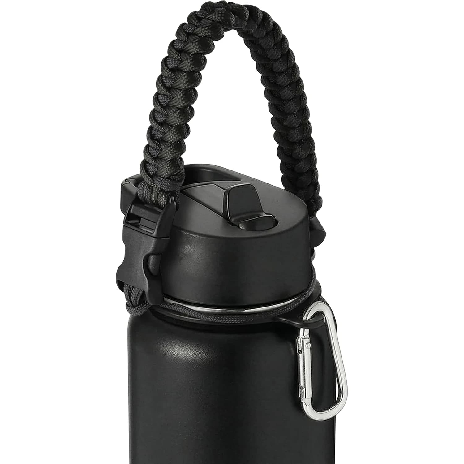 IRON °FLASK Paracord Handle for Wide Mouth Bottles | Durable Carry Strap with Carabiner & Survival Kit — Midnight Black