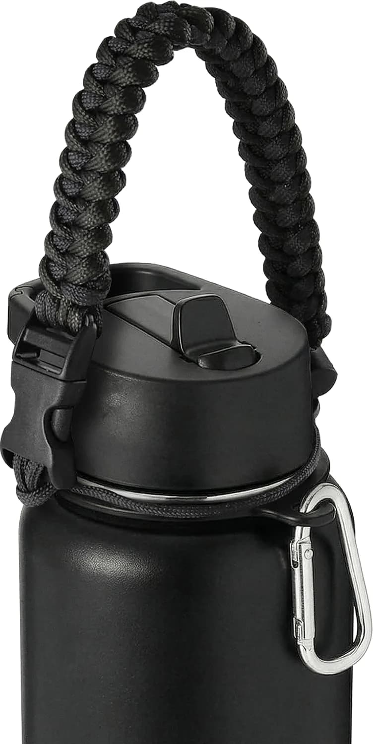 IRON °FLASK Paracord Handle for Wide Mouth Bottles | Durable Carry Strap with Carabiner & Survival Kit — Midnight Black