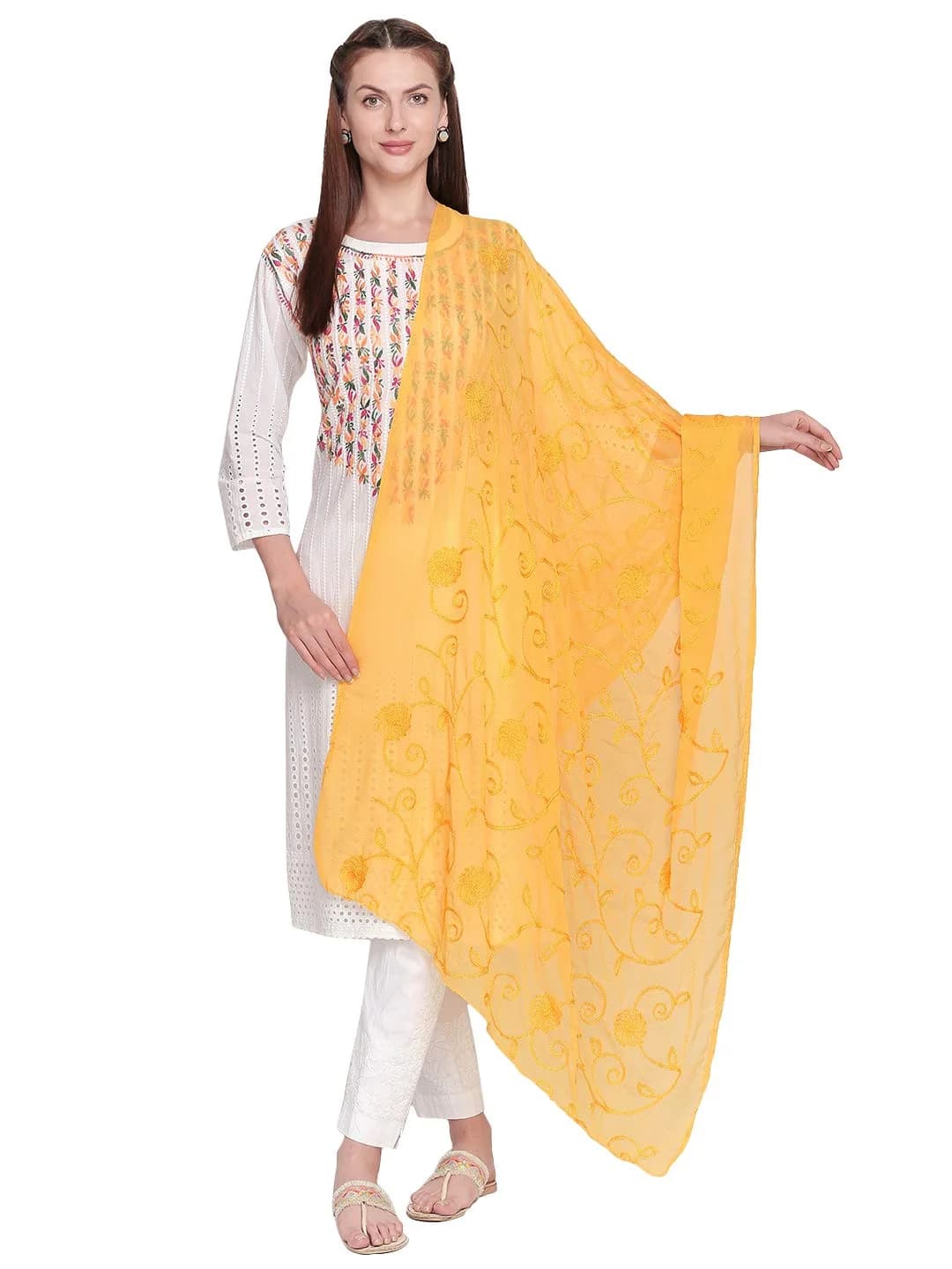 DUPATTA BAZAAR Embroidered Yellow Chiffon Dupatta 240cm (94in) x 84cm (33in) - main product image