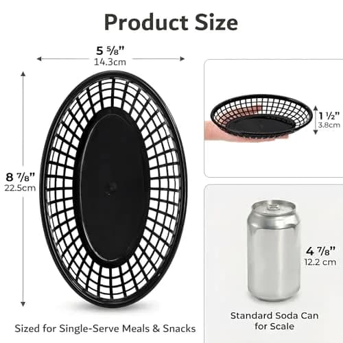 Kingrol Black Oval Fast Food Baskets, 50 Pack 22.6cm (8.8") x 14.4cm (5.6") | Food Serving Tray for Sandwiches, Burgers, Nachos, Fries, Plastic Storage Basket Bin thumbnail 4