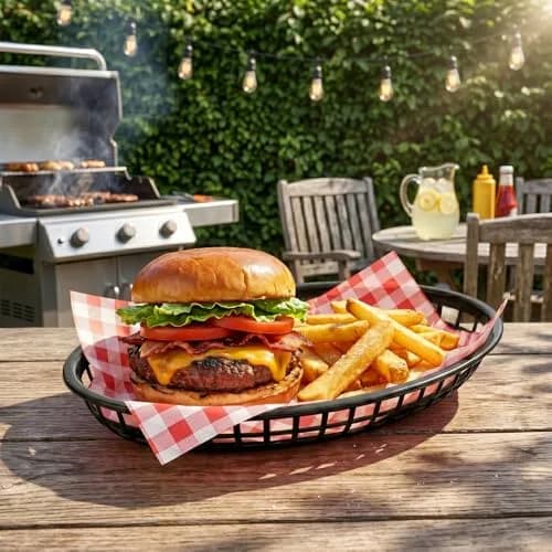 Kingrol Black Oval Fast Food Baskets, 50 Pack 22.6cm (8.8") x 14.4cm (5.6") | Food Serving Tray for Sandwiches, Burgers, Nachos, Fries, Plastic Storage Basket Bin thumbnail 2