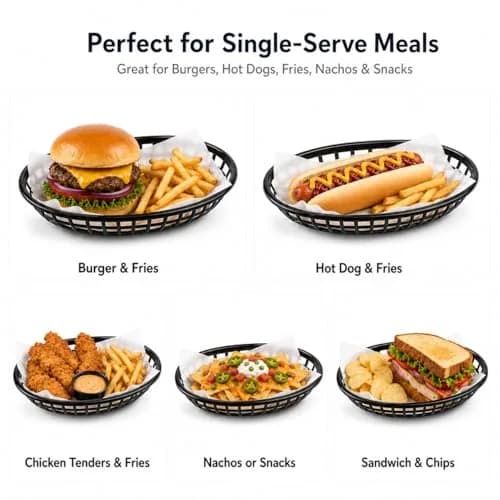 Kingrol Black Oval Fast Food Baskets, 50 Pack 22.6cm (8.8") x 14.4cm (5.6") | Food Serving Tray for Sandwiches, Burgers, Nachos, Fries, Plastic Storage Basket Bin thumbnail 3