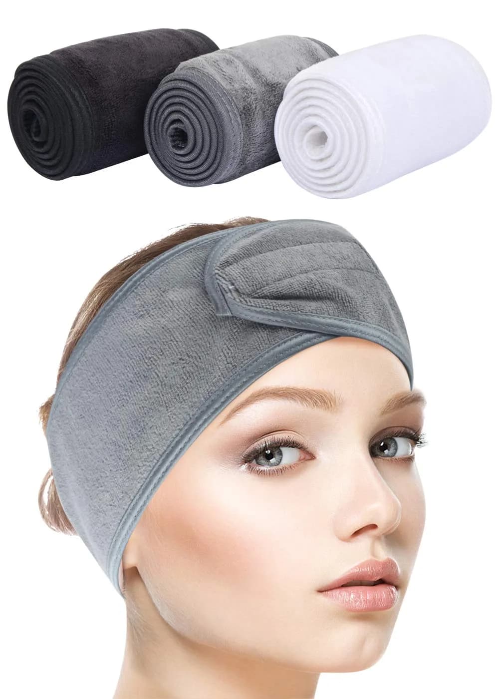 SINLAND Adjustable Spa Facial Headband 3 Pack Multicolor | Soft Microfiber Hair Wrap with Magic Tape — grey+white+black