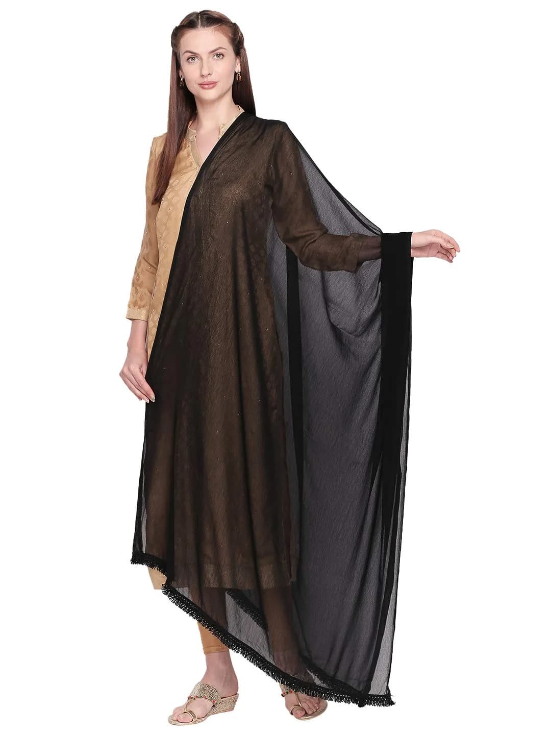 DUPATTA BAZAAR Woman's Black Chiffon Dupatta with lace border | Versatile ethnic accessory — Black