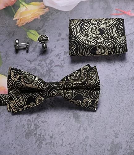 DiBanGu Silk Bow Tie Pre Tied Bowtie Set for Men In Gift Box, Gold | Adjustable Classic Pattern thumbnail 6