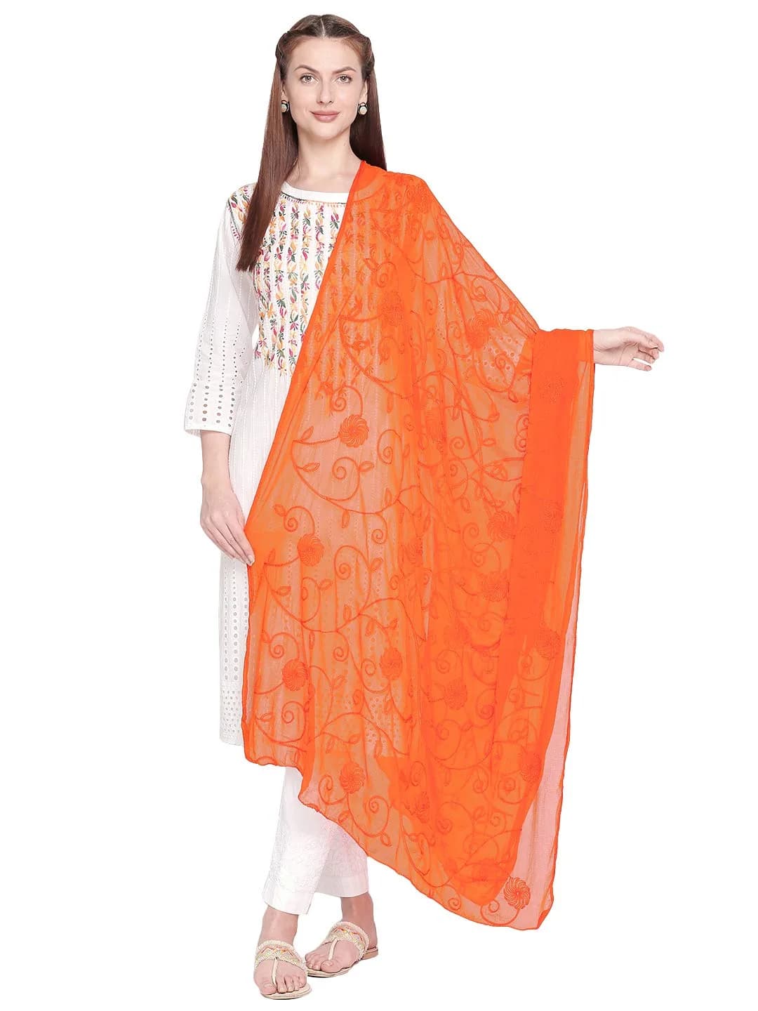 DUPATTA BAZAAR Embroidered Orange Chiffon Dupatta 94 x 33 inches (239 x 84 cm) | Soft Regal Aari Work — Orange