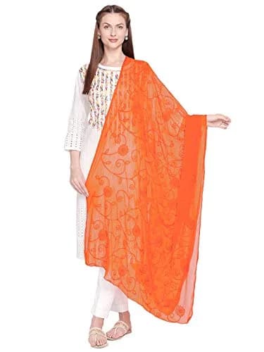DUPATTA BAZAAR Embroidered Orange Chiffon Dupatta 94 x 33 inches (239 x 84 cm) | Soft Regal Aari Work thumbnail 1