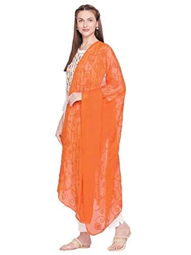 DUPATTA BAZAAR Embroidered Orange Chiffon Dupatta 94 x 33 inches (239 x 84 cm) | Soft Regal Aari Work thumbnail 2