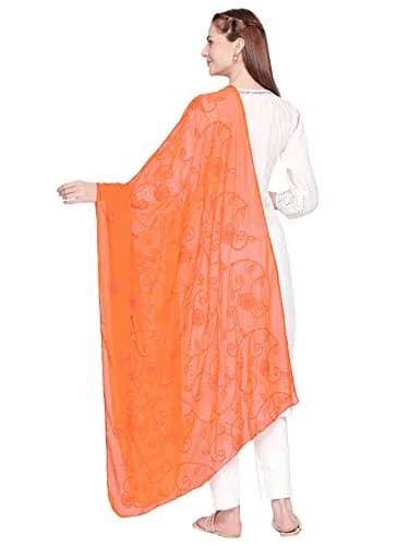 DUPATTA BAZAAR Embroidered Orange Chiffon Dupatta 94 x 33 inches (239 x 84 cm) | Soft Regal Aari Work thumbnail 3