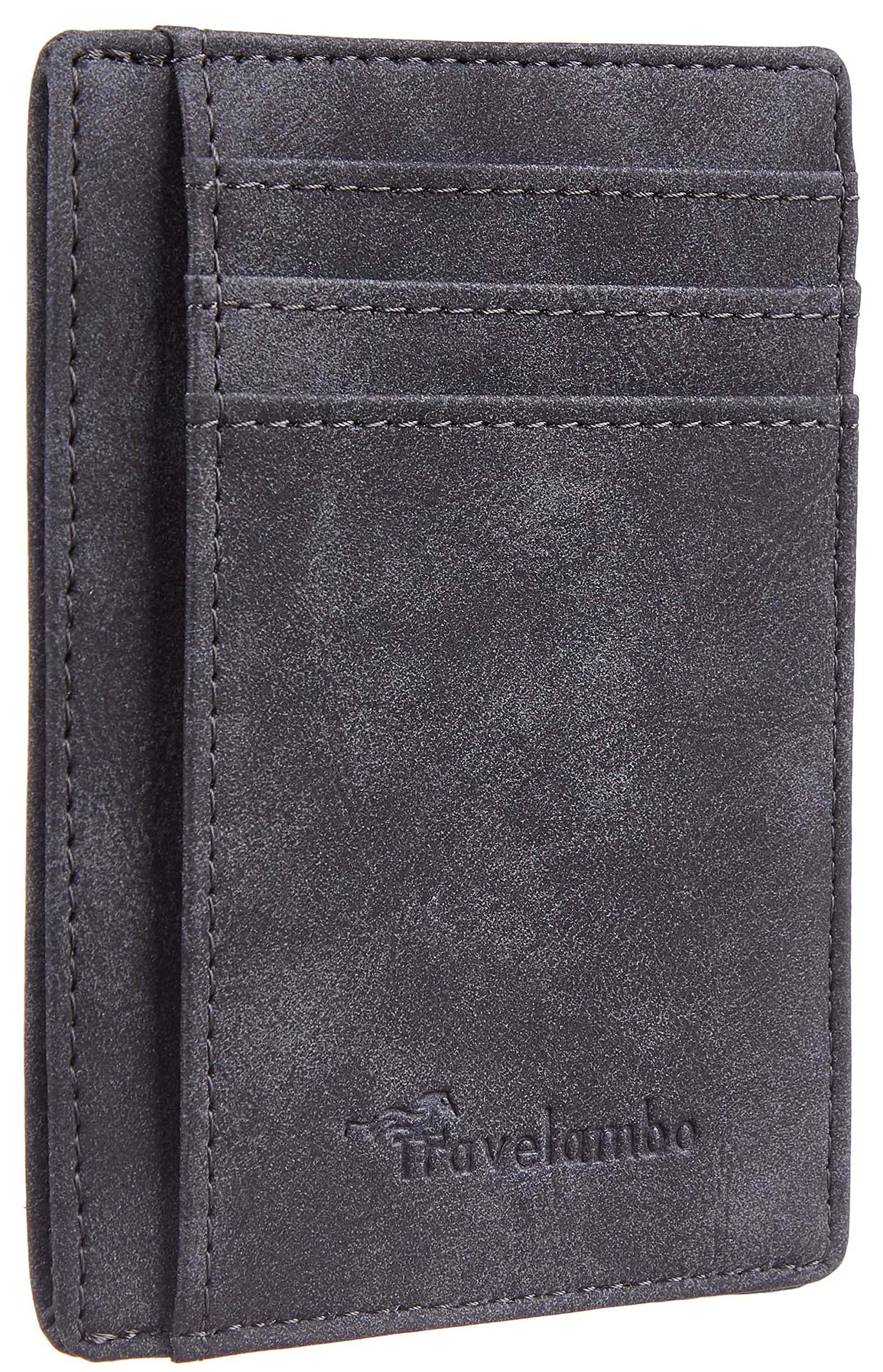 Travelambo Slim Minimalist Leather Wallet RFID Blocking Front Pocket 8.5 cm (3.3") | Waxed Deep Green — Grey Deep