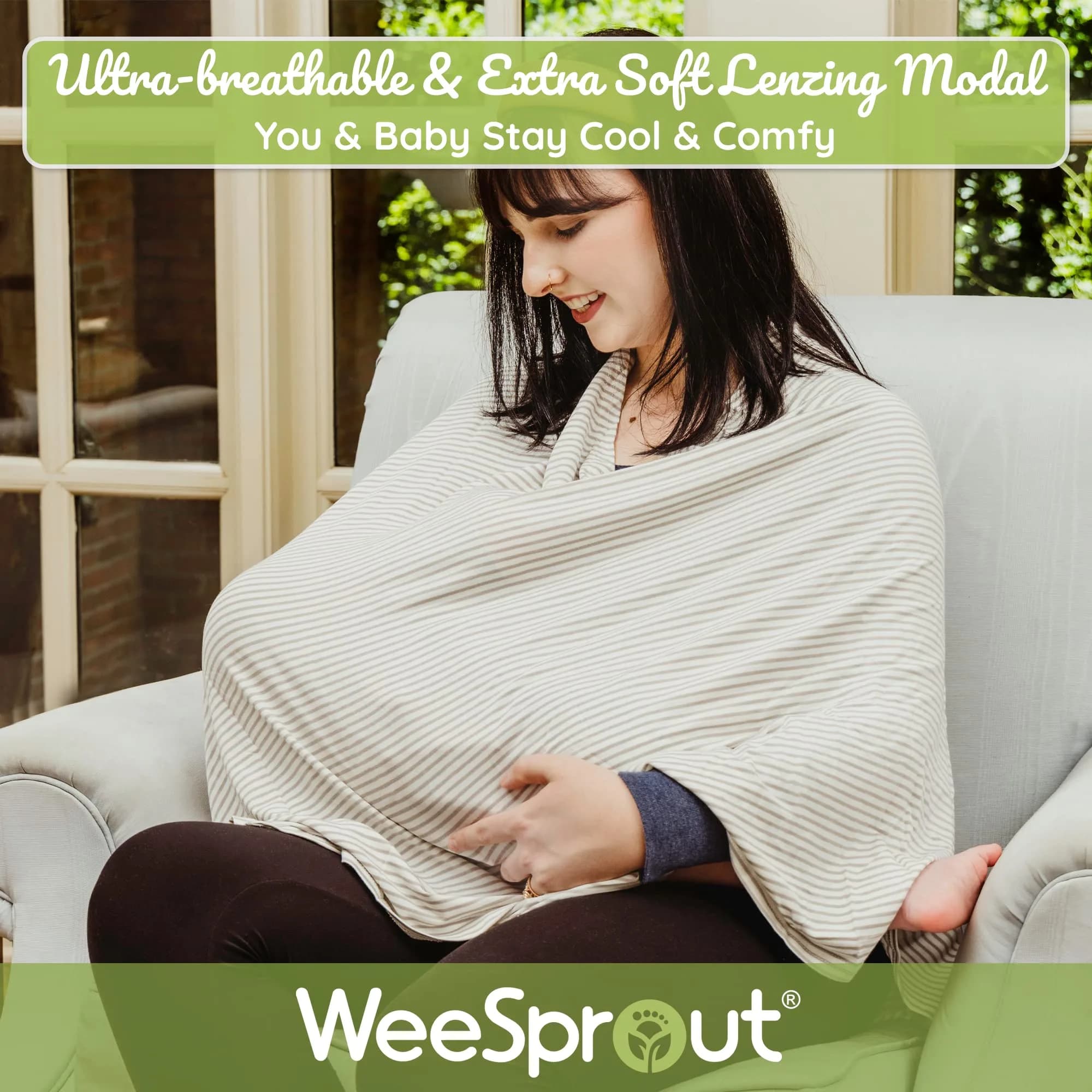 WeeSprout Nursing Cover Grey Stripe | Breathable Lenzing Modal Poncho with Hands-Free View - view 3
