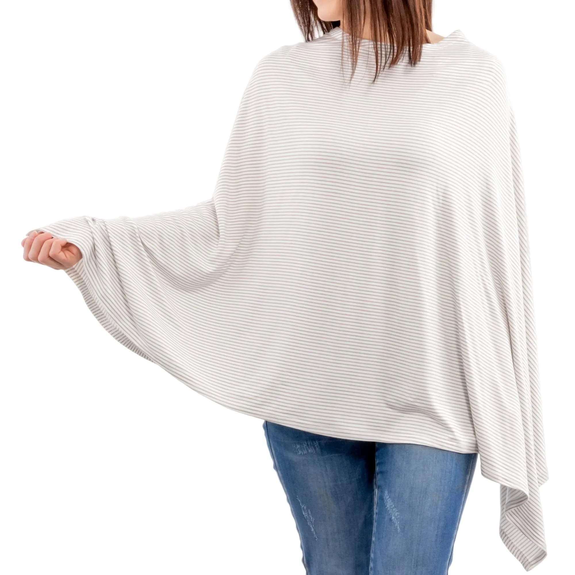 WeeSprout Nursing Cover Rosemary Stitch | Breathable Lenzing Modal Poncho with Hands-Free View — Grey Stripe