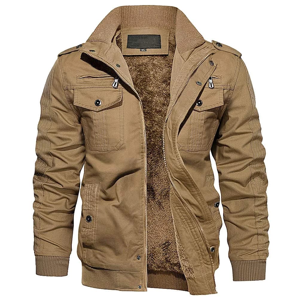 EKLENTSON Mens Winter Jacket with Multi Pockets Fleece Lined Military Coat | Thick, Windproof & Casual (70-120 chars) — Khaki / Large