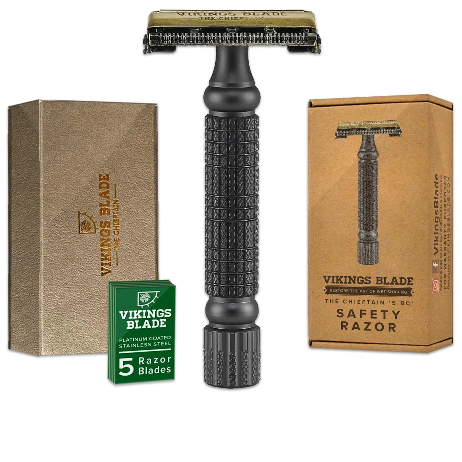 Vikings Blade Double Edge Safety Razor for Men + 5 Swedish Steel Blades + Luxury Case | Smooth, Reusable, Recyclable (Chieftain 5 BC)