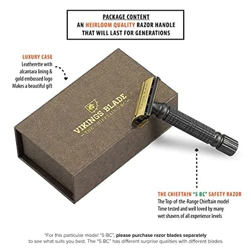 Vikings Blade Double Edge Safety Razor for Men + 5 Swedish Steel Blades + Luxury Case | Smooth, Reusable, Recyclable (Chieftain 5 BC) thumbnail 2