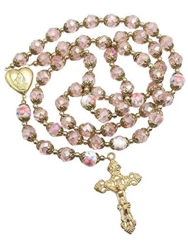 Nazareth Store Catholic Pink Crystal Beads Rosary Necklace 20" | Gold Plated Religious Jewelry for Women thumbnail 1