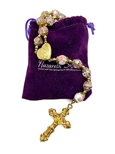 Nazareth Store Catholic Pink Crystal Beads Rosary Necklace 20" | Gold Plated Religious Jewelry for Women thumbnail 5
