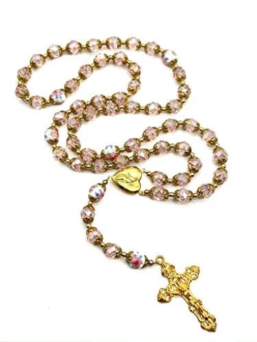 Nazareth Store Catholic Pink Crystal Beads Rosary Necklace 20" | Gold Plated Religious Jewelry for Women thumbnail 6