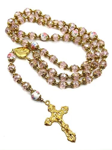 Nazareth Store Catholic Pink Crystal Beads Rosary Necklace 20" | Gold Plated Religious Jewelry for Women thumbnail 7