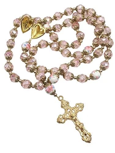Nazareth Store Catholic Pink Crystal Beads Rosary Necklace 20" | Gold Plated Religious Jewelry for Women thumbnail 2