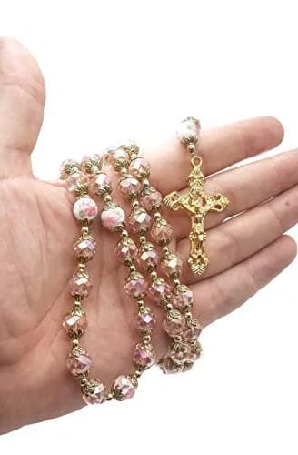 Nazareth Store Catholic Pink Crystal Beads Rosary Necklace 20" | Gold Plated Religious Jewelry for Women thumbnail 3