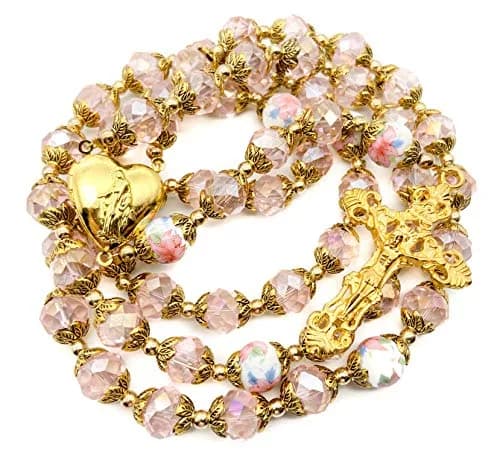 Nazareth Store Catholic Pink Crystal Beads Rosary Necklace 20" | Gold Plated Religious Jewelry for Women thumbnail 4