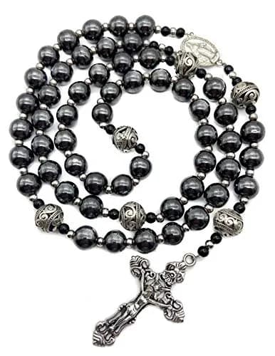 Nazareth Store Hematite Rosary Black Stone Beads Necklace Metal Cross Miraculous Medal 50cm (20") | Spiritual Prayer Meditation thumbnail 1