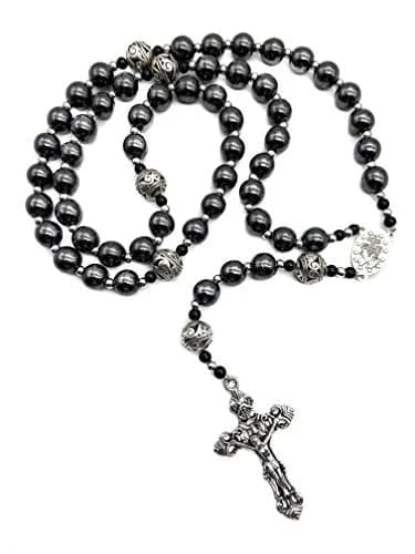 Nazareth Store Hematite Rosary Black Stone Beads Necklace Metal Cross Miraculous Medal 50cm (20") | Spiritual Prayer Meditation thumbnail 5