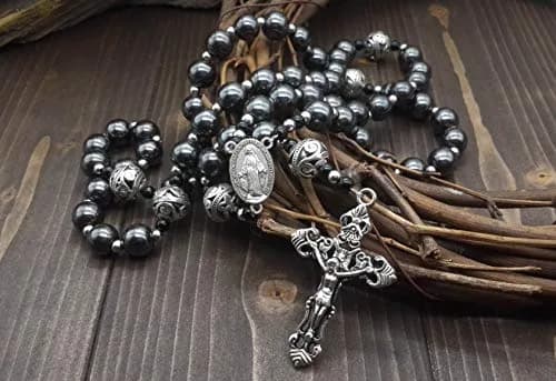 Nazareth Store Hematite Rosary Black Stone Beads Necklace Metal Cross Miraculous Medal 50cm (20") | Spiritual Prayer Meditation thumbnail 8
