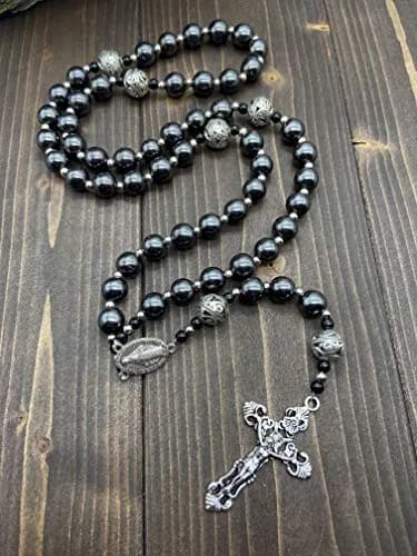 Nazareth Store Hematite Rosary Black Stone Beads Necklace Metal Cross Miraculous Medal 50cm (20") | Spiritual Prayer Meditation thumbnail 9