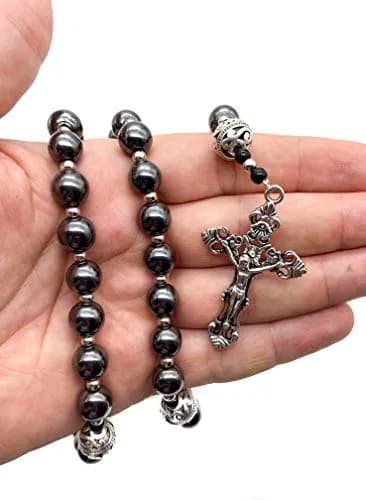 Nazareth Store Hematite Rosary Black Stone Beads Necklace Metal Cross Miraculous Medal 50cm (20") | Spiritual Prayer Meditation thumbnail 2