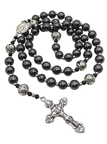 Nazareth Store Hematite Rosary Black Stone Beads Necklace Metal Cross Miraculous Medal 50cm (20") | Spiritual Prayer Meditation thumbnail 3