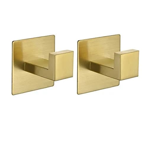 WOLIBEER Gold Coat Hooks - Self Adhesive, No Drill Towel Hooks for Bathroom & Kitchen - 2 Pack | Rustproof Brushed Gold Finish thumbnail 1