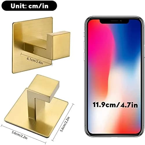 WOLIBEER Gold Coat Hooks - Self Adhesive, No Drill Towel Hooks for Bathroom & Kitchen - 2 Pack | Rustproof Brushed Gold Finish thumbnail 7