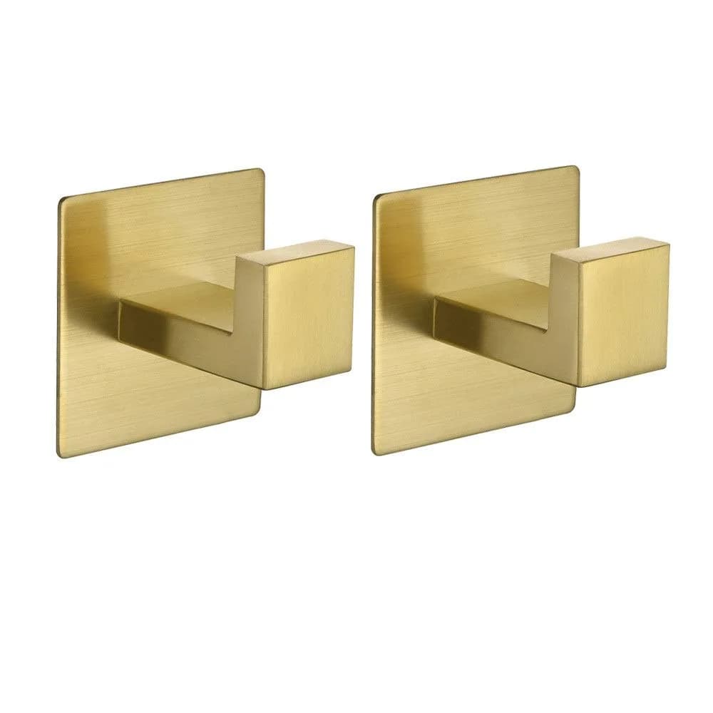 WOLIBEER Gold Coat Hooks - Self Adhesive, No Drill Towel Hooks for Bathroom & Kitchen - 2 Pack | Rustproof Brushed Gold Finish