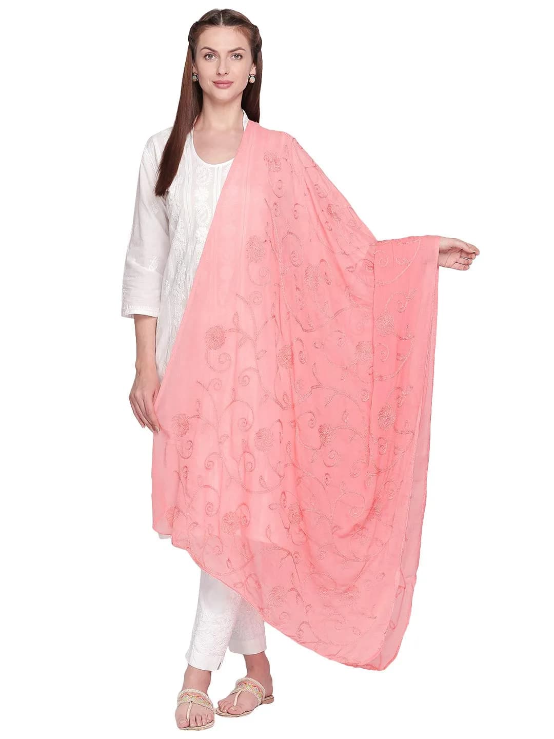 DUPATTA BAZAAR Embroidered Peach Chiffon Dupatta 94cm (37in) x 24cm (9.4in) | Aari Work Elegance — Peach