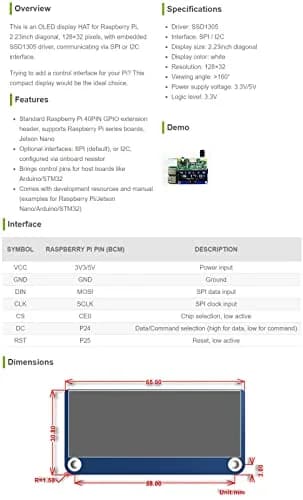 waveshare 2.23inch OLED Display HAT for Raspberry Pi 128×32 Pixels with Embedded SSD1305 Driver Communicating via SPI or I2C thumbnail 6