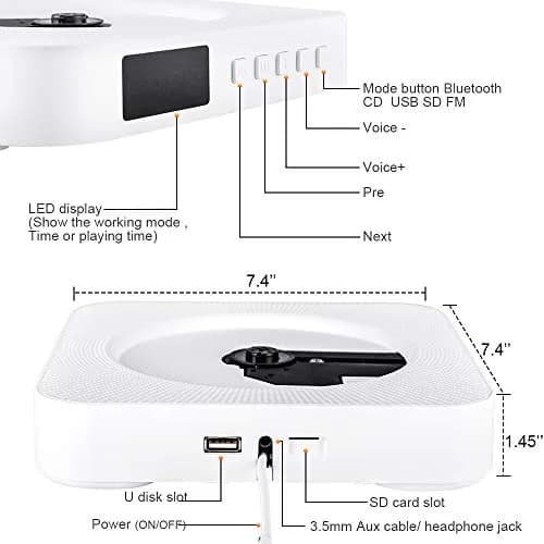 Qoosea Portable CD Player with Bluetooth Wall Mountable Home Audio Boombox 1 Disc, 540g (1.19 lb) | FM Radio, HiFi Speakers, Remote Control thumbnail 7